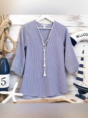 Robin Piccone Blue White Striped Cotton Lace-Up Tunic Cover Up S NWOT